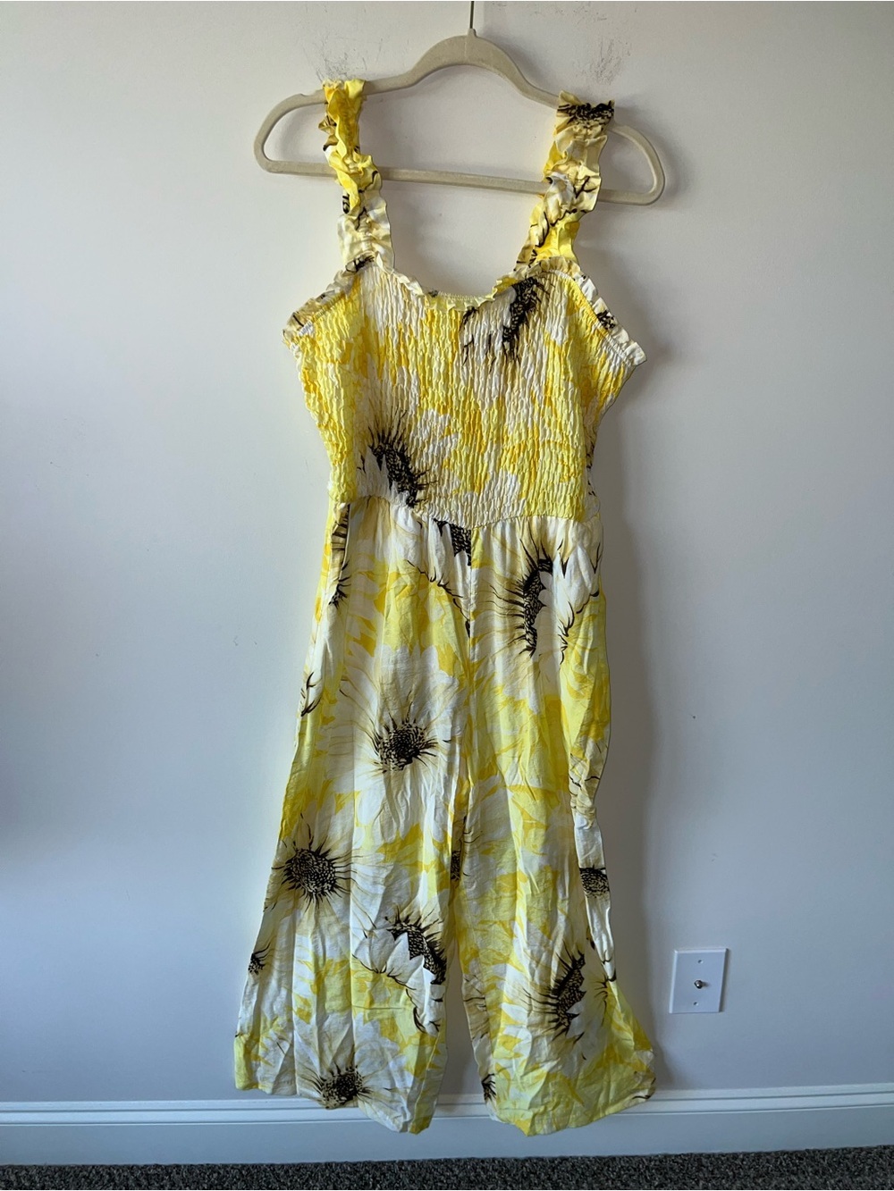 NWT H&M Yellow Sunflower Floral Smocked Jumpsuit with Pockets
